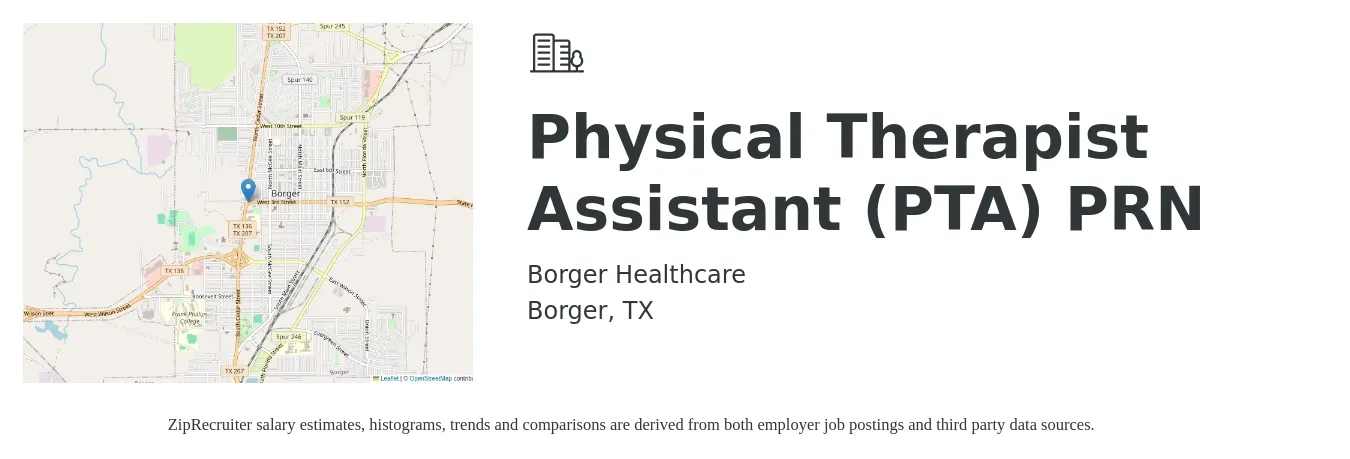 Borger Healthcare job posting for a Physical Therapist Assistant (PTA) PRN in Borger, TX with a salary of $27 to $36 Hourly with a map of Borger location.