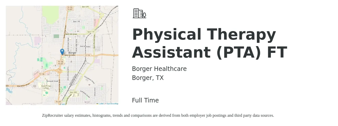 Borger Healthcare job posting for a Physical Therapy Assistant (PTA) FT in Borger, TX with a salary of $27 to $36 Hourly with a map of Borger location.