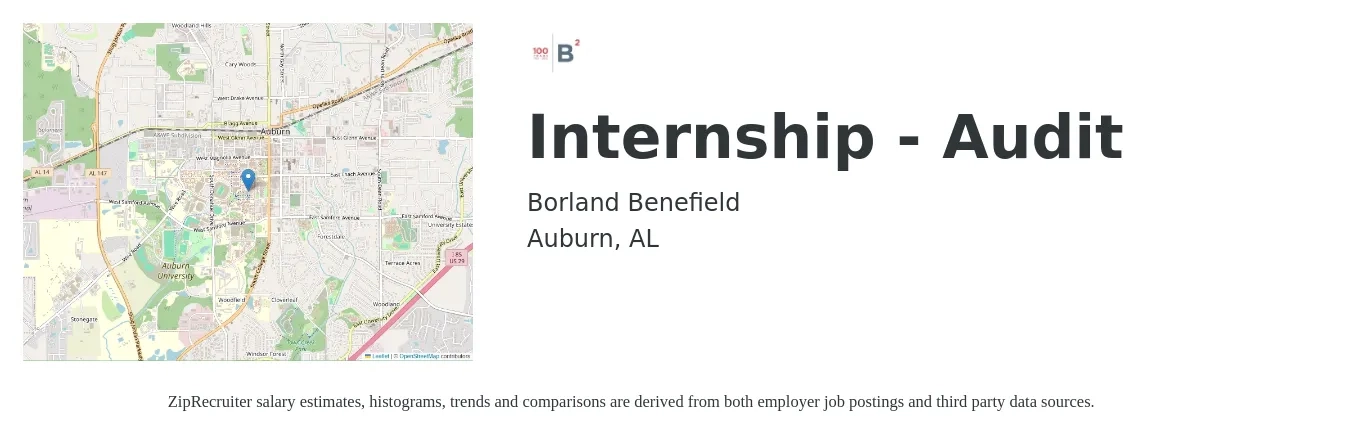 Borland Benefield job posting for a Internship - Audit in Auburn, AL with a salary of $3,790 to $6,580 Monthly with a map of Auburn location.