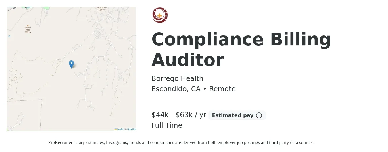 Borrego Health job posting for a Compliance Billing Auditor in Escondido, CA with a salary of $44,467 to $63,859 Yearly with a map of Escondido location.