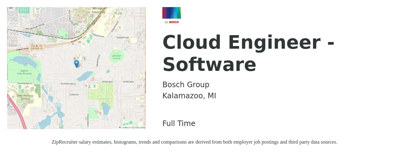 Bosch Group job posting for a Cloud Engineer - Software in Kalamazoo, MI with a salary of $54 to $70 Hourly with a map of Kalamazoo location.