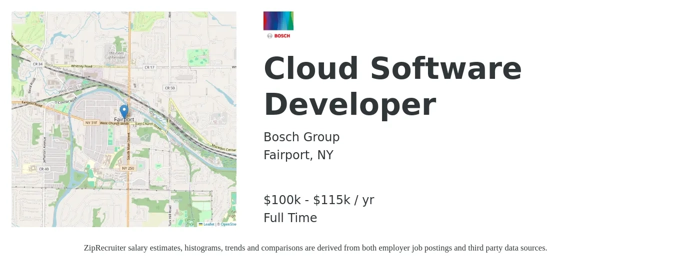 Bosch Group job posting for a Cloud Software Developer in Fairport, NY with a salary of $100,000 to $115,000 Yearly with a map of Fairport location.