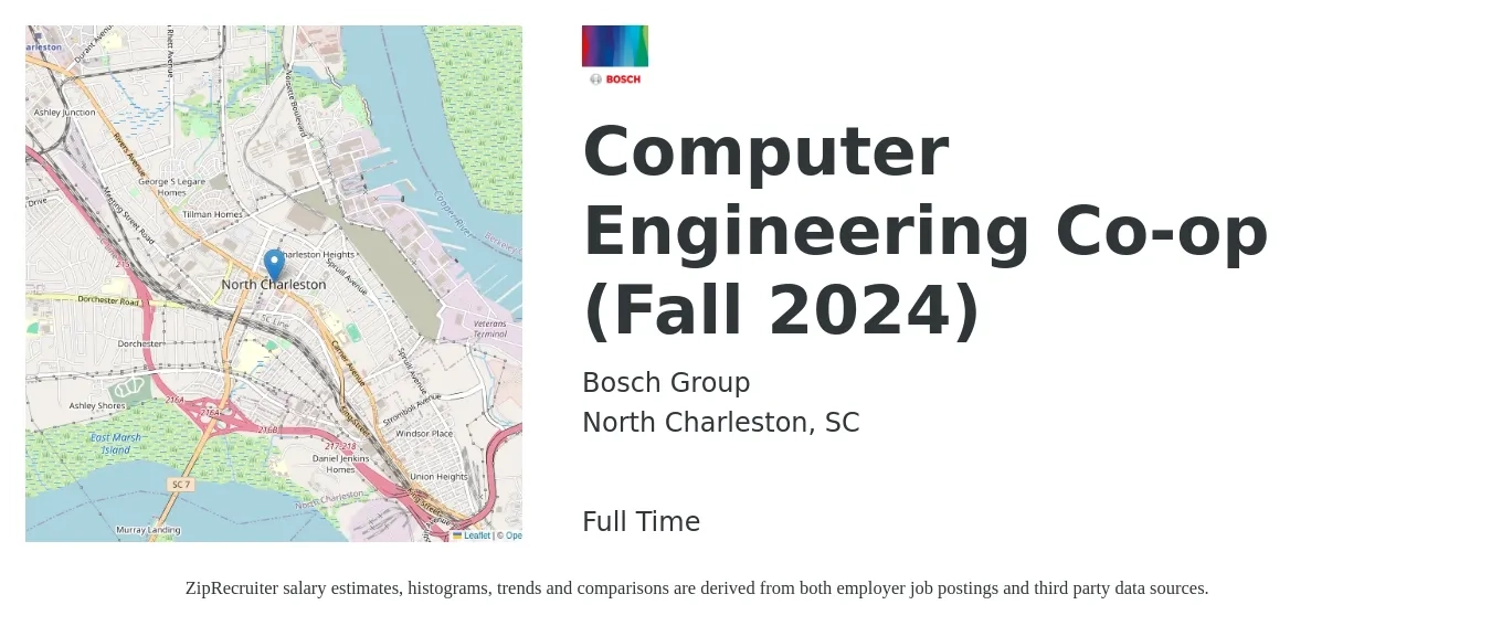 Bosch Group job posting for a Computer Engineering Co-op (Fall 2024) in North Charleston, SC with a salary of $106,400 to $125,400 Yearly with a map of North Charleston location.