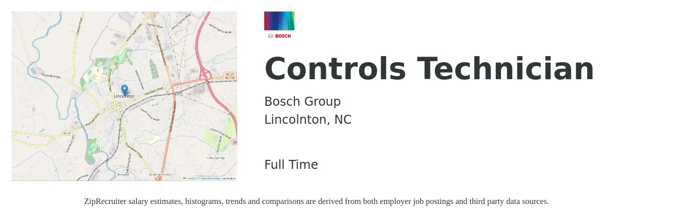 Bosch Group job posting for a Controls Technician in Lincolnton, NC with a salary of $28 to $36 Hourly with a map of Lincolnton location.