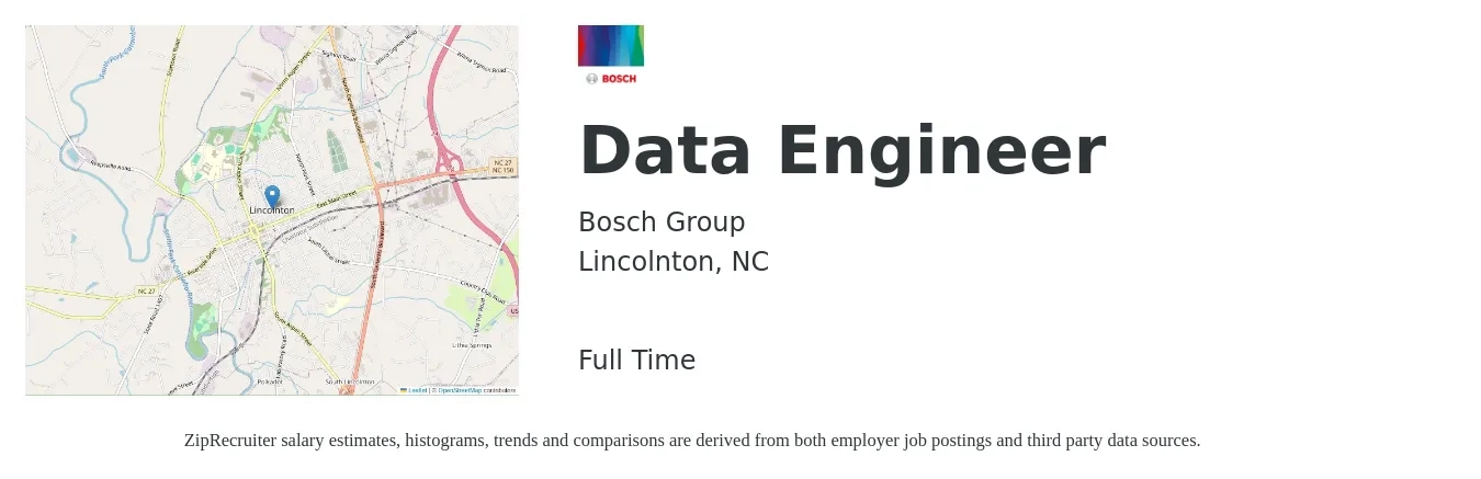 Bosch Group job posting for a Data Engineer in Lincolnton, NC with a salary of $104,800 to $125,900 Yearly with a map of Lincolnton location.