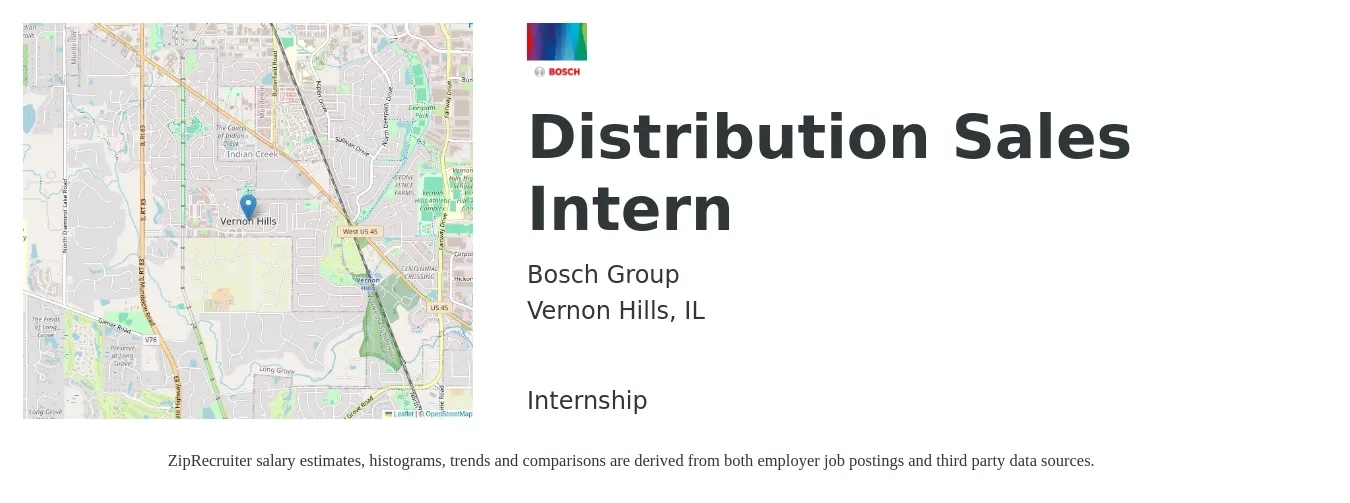 Bosch Group job posting for a Distribution Sales Intern in Vernon Hills, IL with a salary of $14 to $20 Hourly with a map of Vernon Hills location.