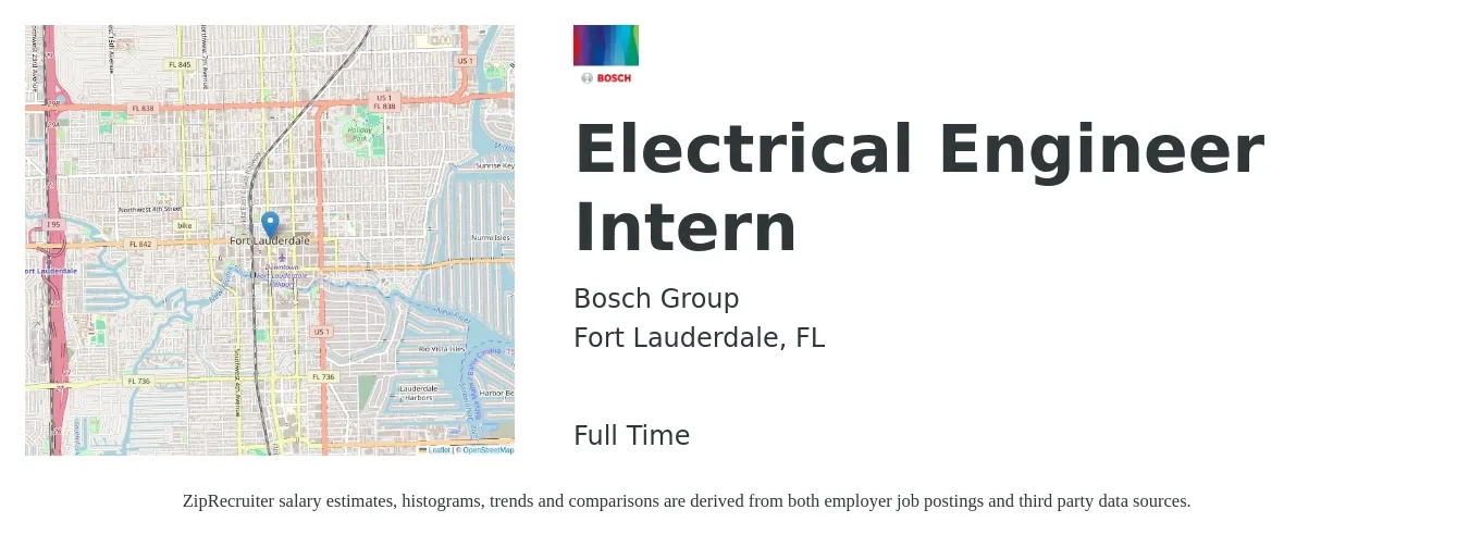 Bosch Group job posting for a Electrical Engineer Intern in Fort Lauderdale, FL with a salary of $18 to $24 Hourly with a map of Fort Lauderdale location.