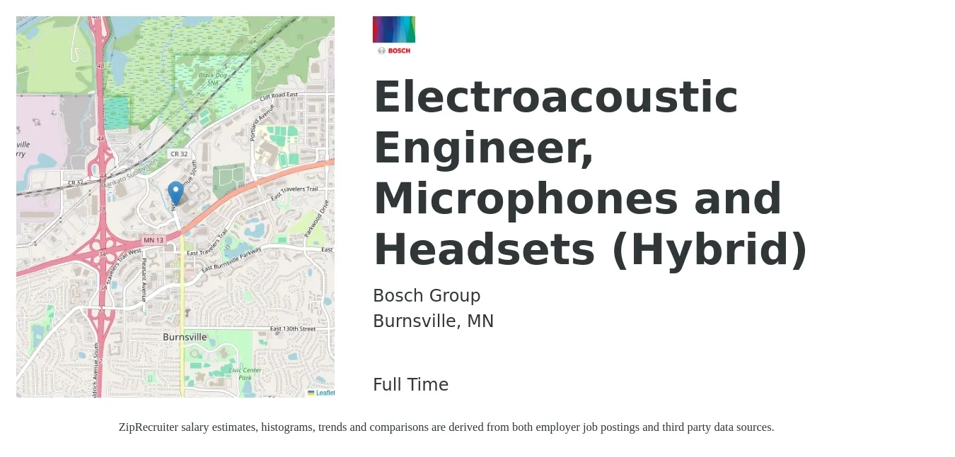Bosch Group job posting for a Electroacoustic Engineer, Microphones and Headsets (Hybrid) in Burnsville, MN with a salary of $86,500 to $120,000 Yearly with a map of Burnsville location.