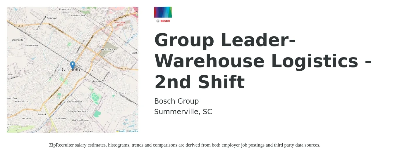Bosch Group job posting for a Group Leader-Warehouse Logistics - 2nd Shift in Summerville, SC with a salary of $16 to $21 Hourly with a map of Summerville location.