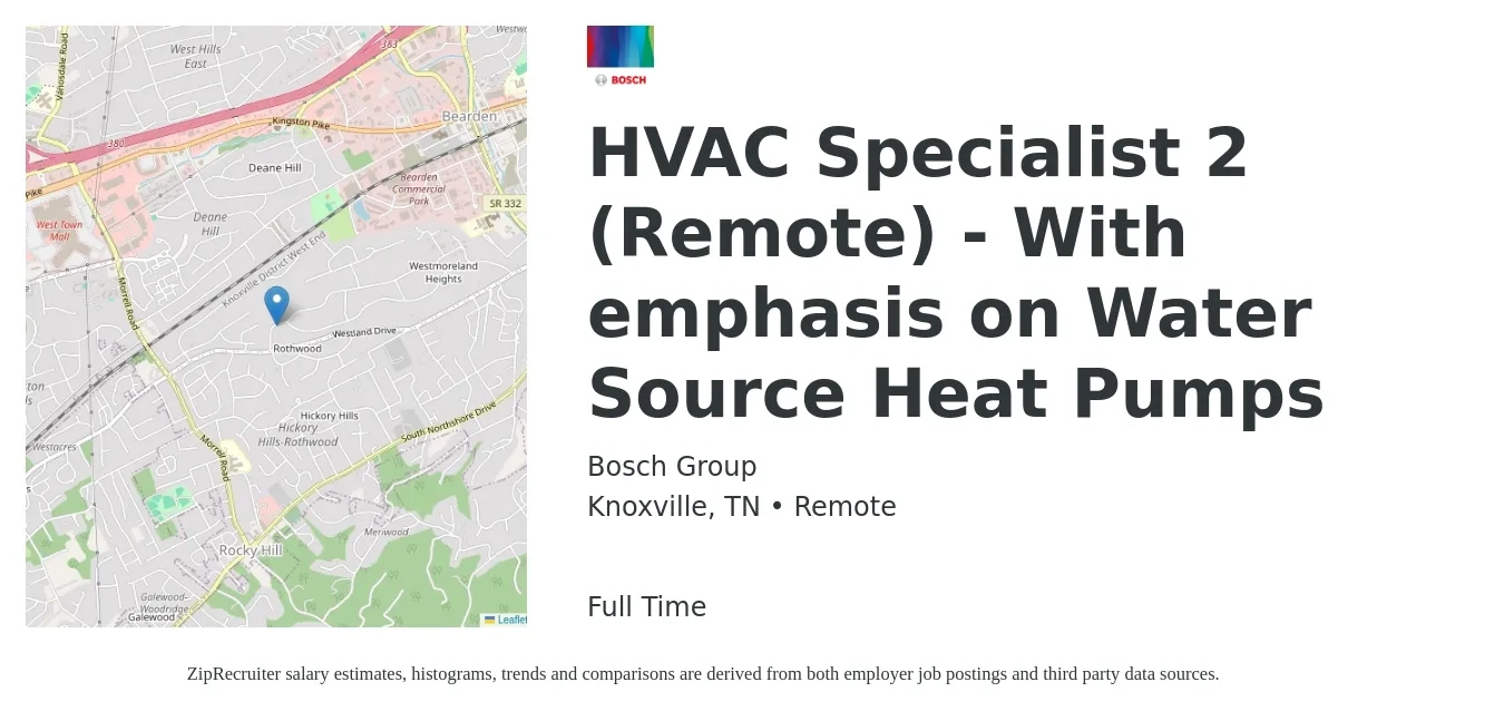 Bosch Group job posting for a HVAC Specialist 2 (Remote) - With emphasis on Water Source Heat Pumps in Knoxville, TN with a salary of $21 to $30 Hourly with a map of Knoxville location.