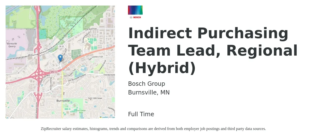 Bosch Group job posting for a Indirect Purchasing Team Lead, Regional (Hybrid) in Burnsville, MN with a salary of $44,300 to $61,800 Yearly with a map of Burnsville location.