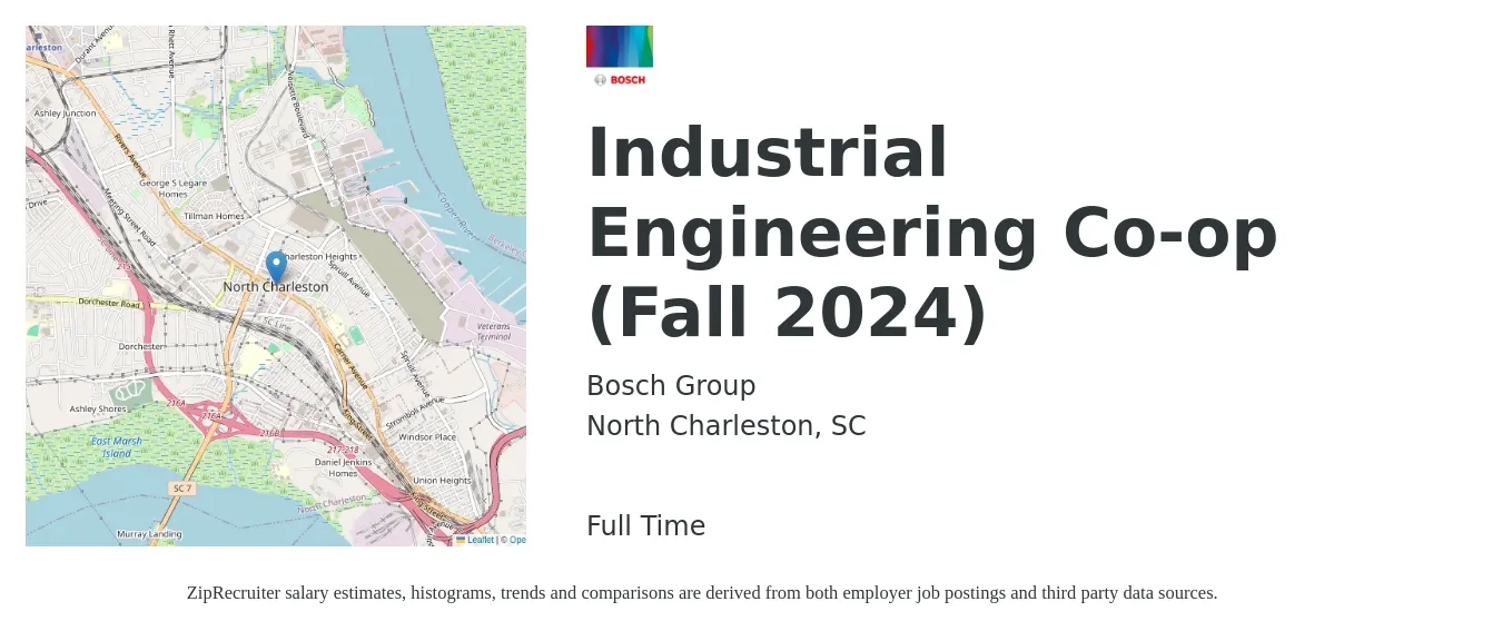 Bosch Group job posting for a Industrial Engineering Co-op (Fall 2024) in North Charleston, SC with a salary of $66,800 to $90,200 Yearly with a map of North Charleston location.