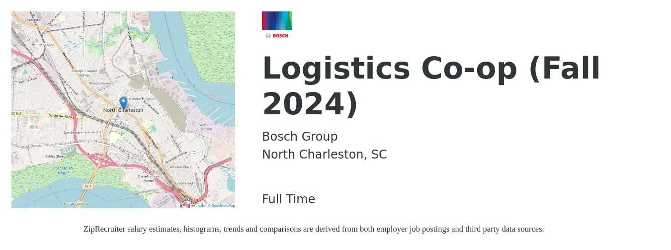 Bosch Group job posting for a Logistics Co-op (Fall 2024) in North Charleston, SC with a salary of $14 to $18 Hourly with a map of North Charleston location.