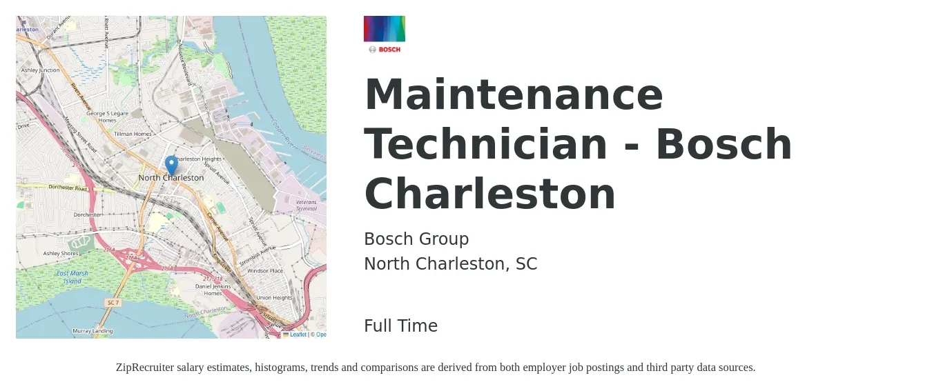 Bosch Group job posting for a Maintenance Technician - Bosch Charleston in North Charleston, SC with a salary of $18 to $26 Hourly with a map of North Charleston location.