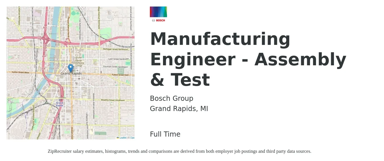 Bosch Group job posting for a Manufacturing Engineer - Assembly & Test in Grand Rapids, MI with a salary of $34 to $40 Hourly with a map of Grand Rapids location.