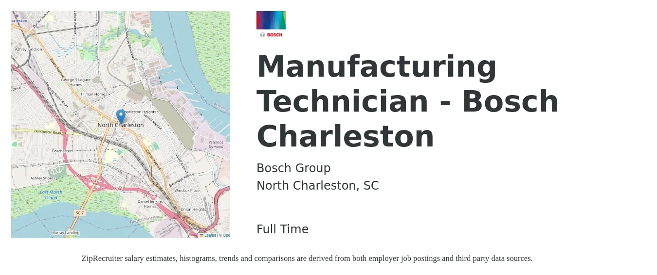 Bosch Group job posting for a Manufacturing Technician - Bosch Charleston in North Charleston, SC with a salary of $20 to $28 Hourly with a map of North Charleston location.
