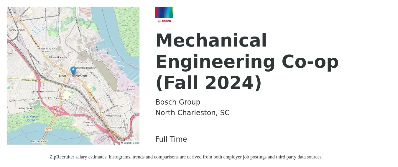 Bosch Group job posting for a Mechanical Engineering Co-op (Fall 2024) in North Charleston, SC with a salary of $77,800 to $120,700 Yearly with a map of North Charleston location.