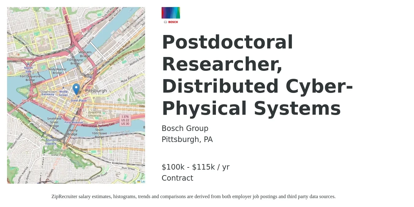 Bosch Group job posting for a Postdoctoral Researcher, Distributed Cyber-Physical Systems in Pittsburgh, PA with a salary of $100,000 to $115,000 Yearly with a map of Pittsburgh location.