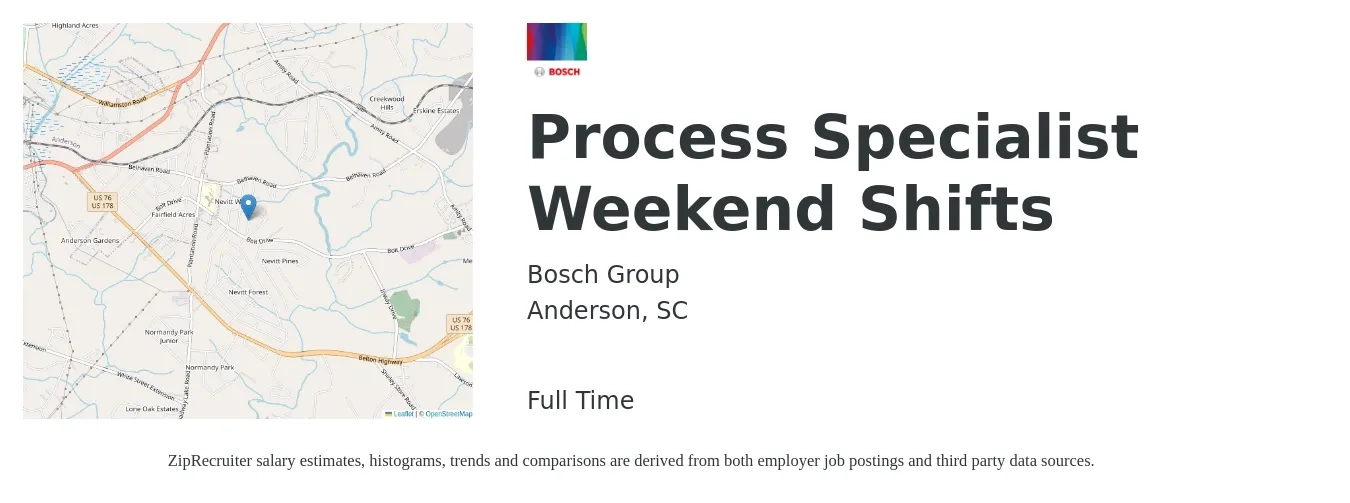 Bosch Group job posting for a Process Specialist Weekend Shifts in Anderson, SC with a salary of $62,600 to $89,600 Yearly with a map of Anderson location.