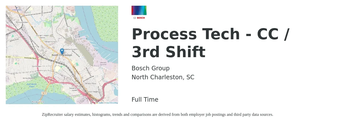 Bosch Group job posting for a Process Tech - CC / 3rd Shift in North Charleston, SC with a salary of $20 to $28 Hourly with a map of North Charleston location.