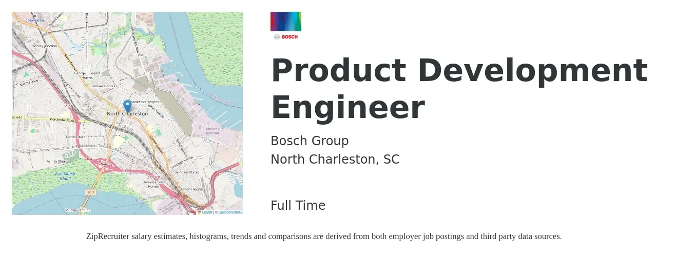 Bosch Group job posting for a Product Development Engineer in North Charleston, SC with a salary of $68,700 to $95,400 Yearly with a map of North Charleston location.