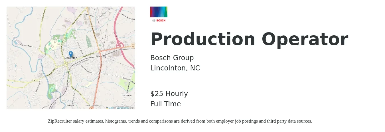 Bosch Group job posting for a Production Operator in Lincolnton, NC with a salary of $26 Hourly with a map of Lincolnton location.