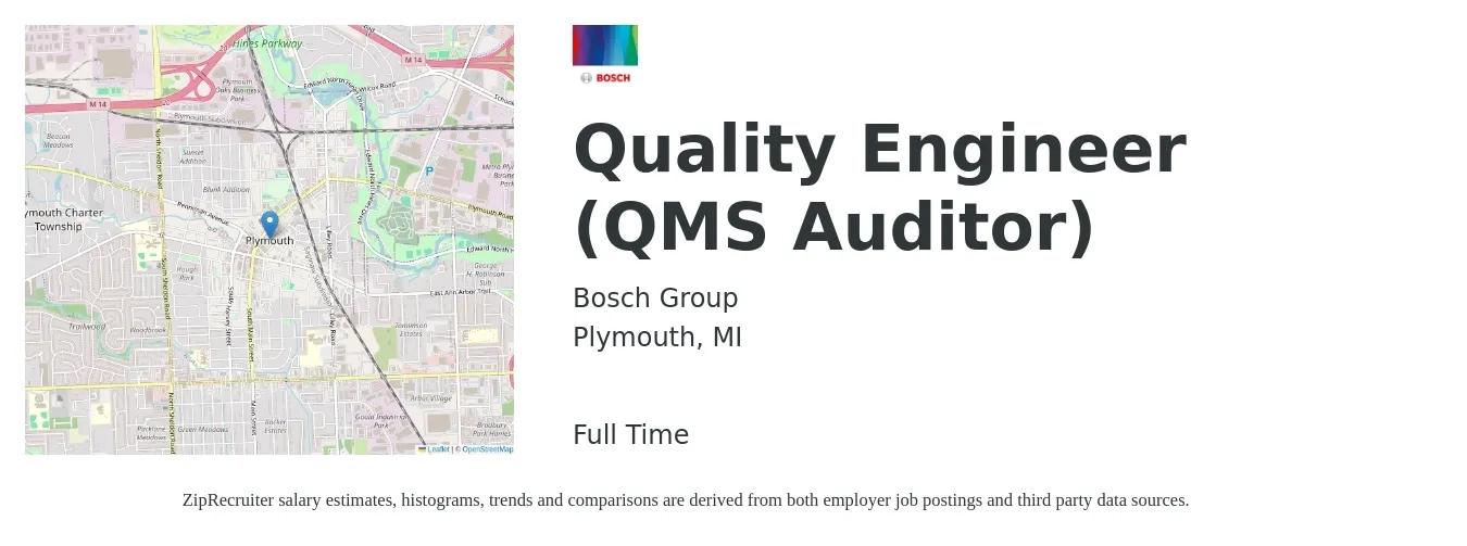 Bosch Group job posting for a Quality Engineer (QMS Auditor) in Plymouth, MI with a salary of $68,500 to $88,500 Yearly with a map of Plymouth location.