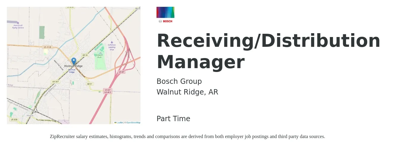 Bosch Group job posting for a Receiving/Distribution Manager in Walnut Ridge, AR with a salary of $56,700 to $79,400 Yearly with a map of Walnut Ridge location.