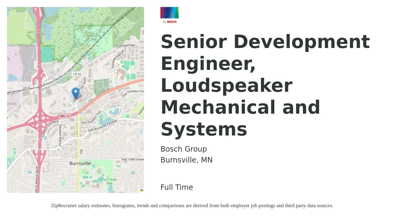 Bosch Group job posting for a Senior Development Engineer, Loudspeaker Mechanical and Systems in Burnsville, MN with a salary of $107,600 to $142,100 Yearly with a map of Burnsville location.