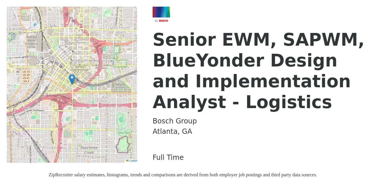 Bosch Group job posting for a Senior EWM, SAPWM, BlueYonder Design and Implementation Analyst - Logistics in Atlanta, GA with a salary of $65,400 to $115,900 Yearly with a map of Atlanta location.