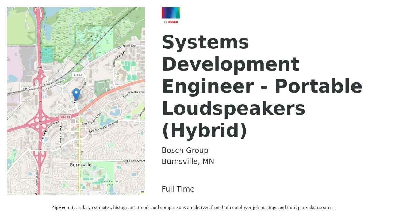 Bosch Group job posting for a Systems Development Engineer - Portable Loudspeakers (Hybrid) in Burnsville, MN with a salary of $100,900 to $161,700 Yearly with a map of Burnsville location.