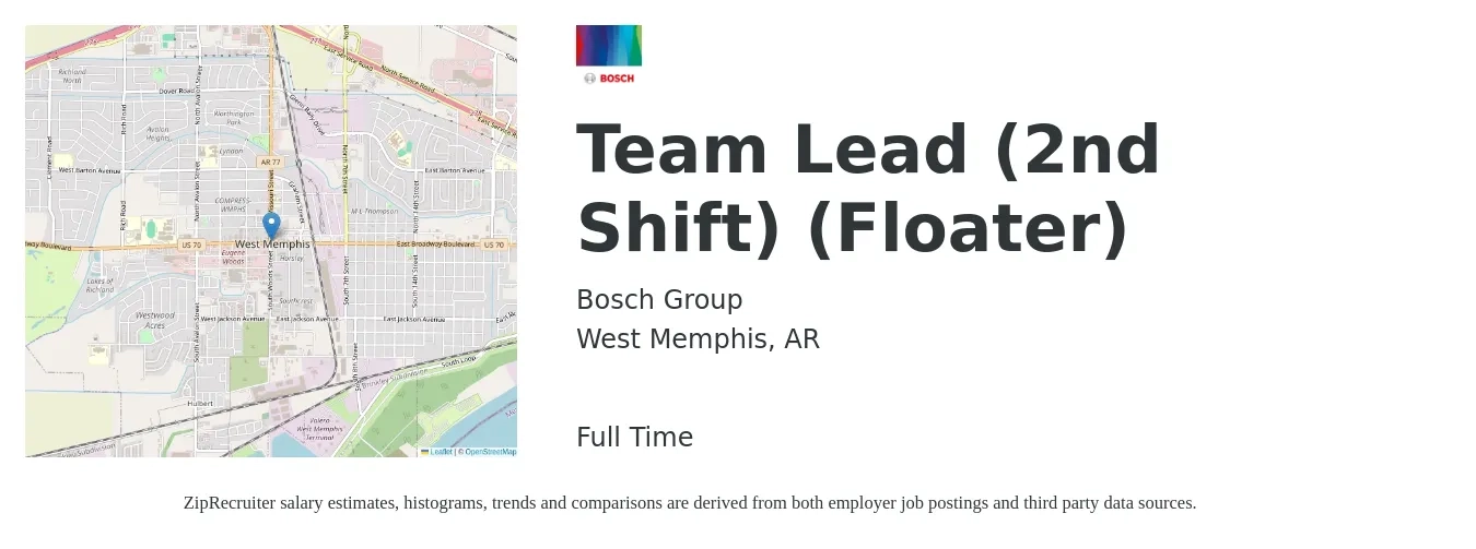 Bosch Group job posting for a Team Lead (2nd Shift) (Floater) in West Memphis, AR with a salary of $15 to $23 Hourly with a map of West Memphis location.