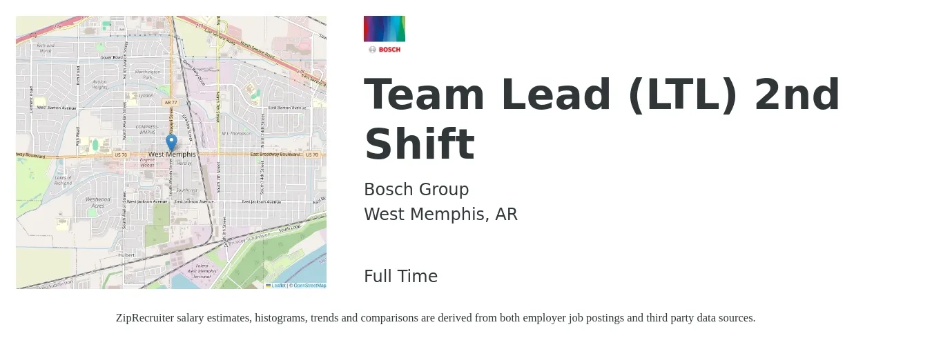 Bosch Group job posting for a Team Lead (LTL) 2nd Shift in West Memphis, AR with a salary of $15 to $23 Hourly with a map of West Memphis location.