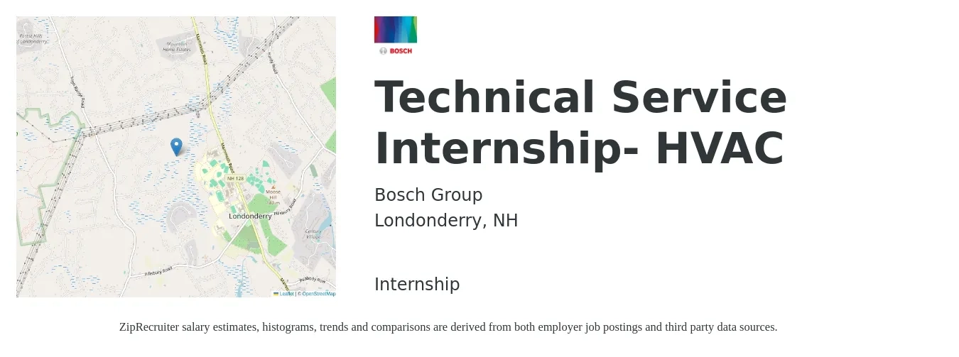 Bosch Group job posting for a Technical Service Internship- HVAC in Londonderry, NH with a salary of $16 to $20 Hourly with a map of Londonderry location.