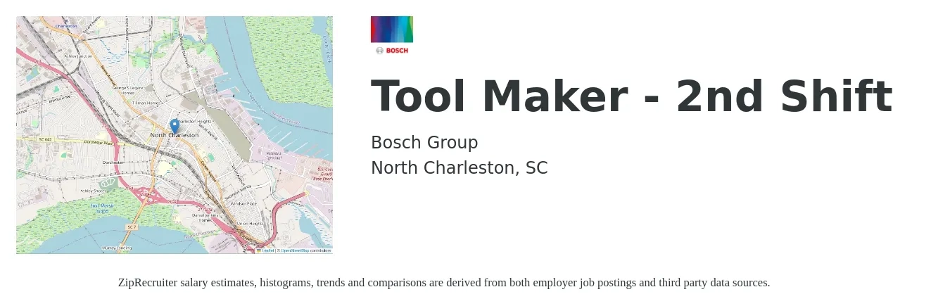 Bosch Group job posting for a Tool Maker - 2nd Shift in North Charleston, SC with a salary of $25 to $33 Hourly with a map of North Charleston location.