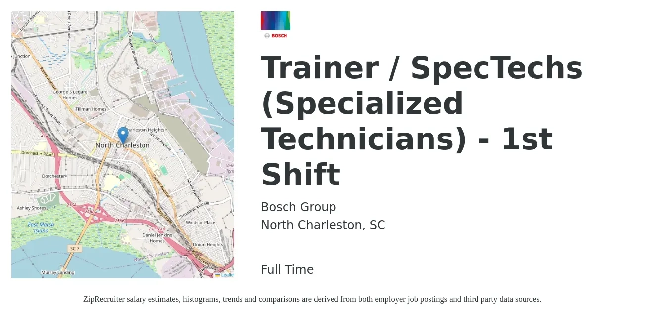 Bosch Group job posting for a Trainer / SpecTechs (Specialized Technicians) - 1st Shift in North Charleston, SC with a salary of $54,400 to $91,100 Yearly with a map of North Charleston location.