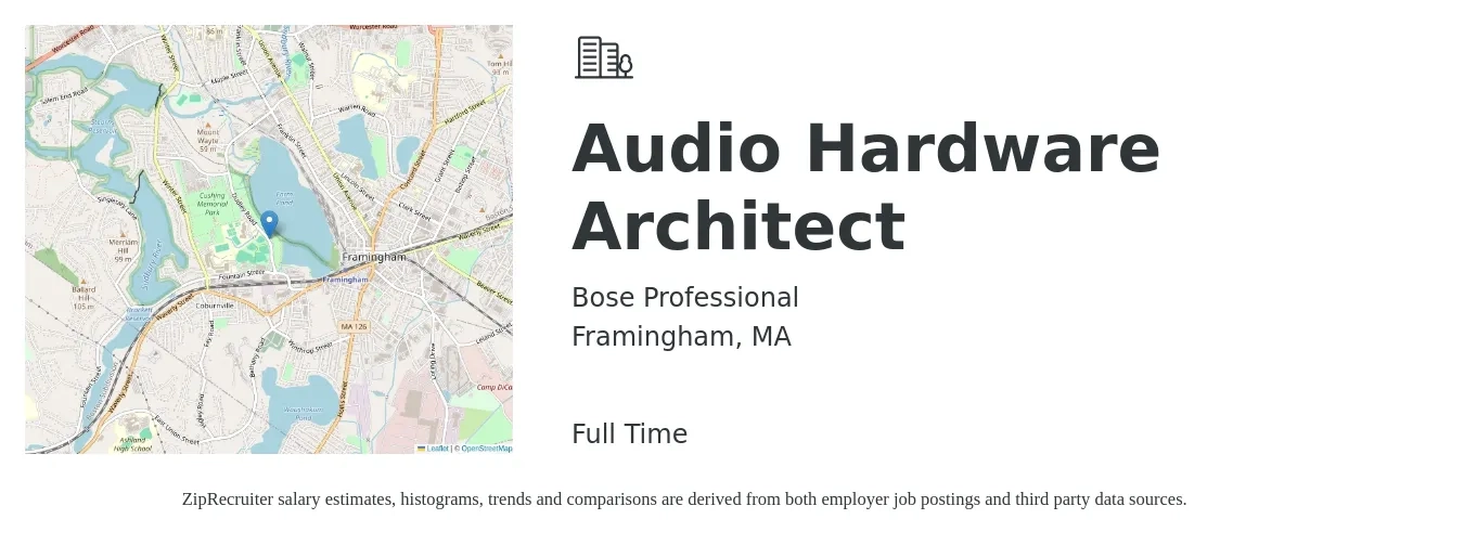 Bose Professional job posting for a Audio Hardware Architect in Framingham, MA with a map of Framingham location.