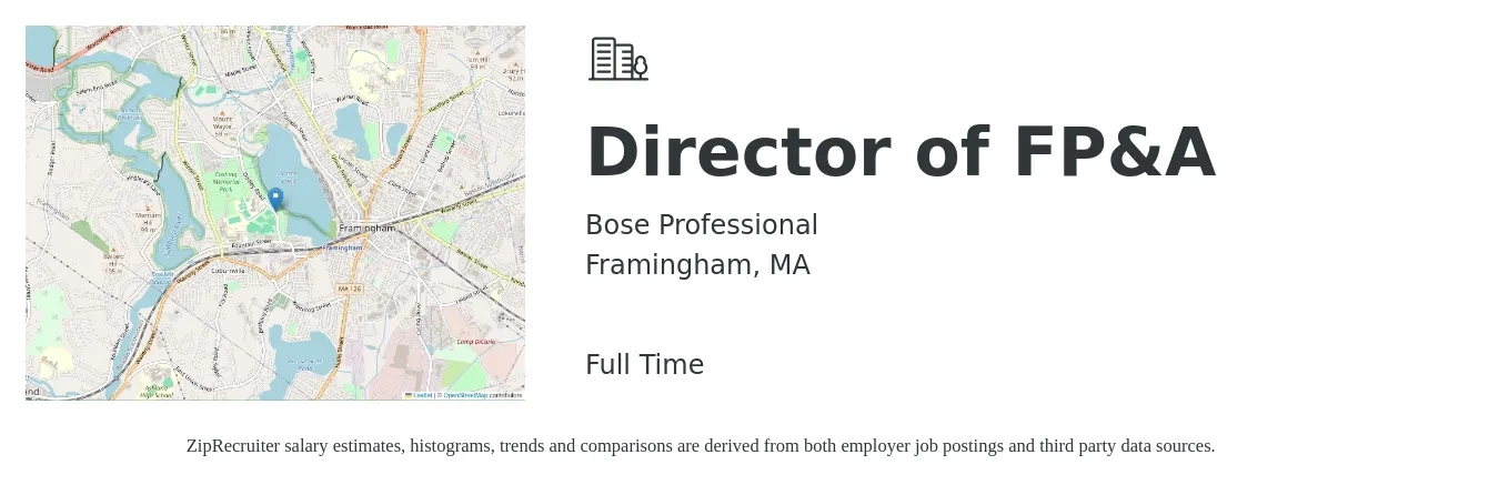 Bose Professional job posting for a Director of FP&A in Framingham, MA with a salary of $109,400 to $166,500 Yearly with a map of Framingham location.