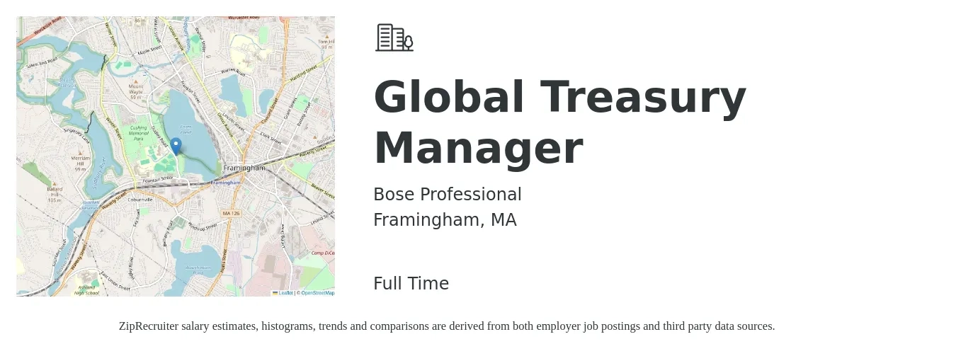 Bose Professional job posting for a Global Treasury Manager in Framingham, MA with a salary of $94,700 to $132,200 Yearly with a map of Framingham location.
