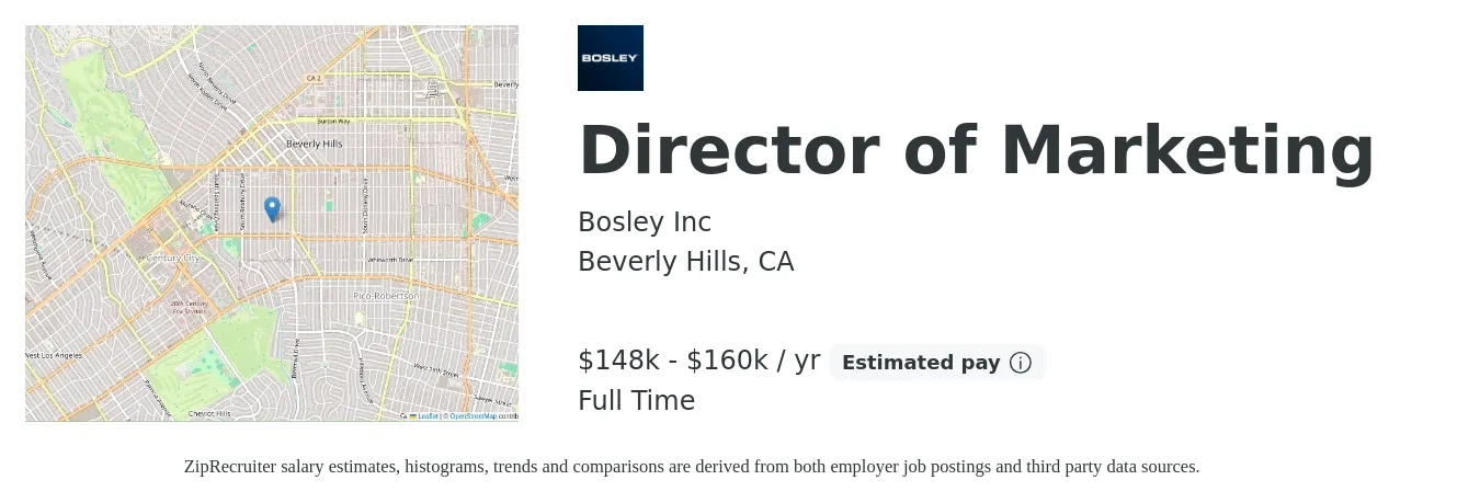 Bosley Inc job posting for a Director of Marketing in Beverly Hills, CA with a salary of $148,000 to $160,000 Yearly with a map of Beverly Hills location.