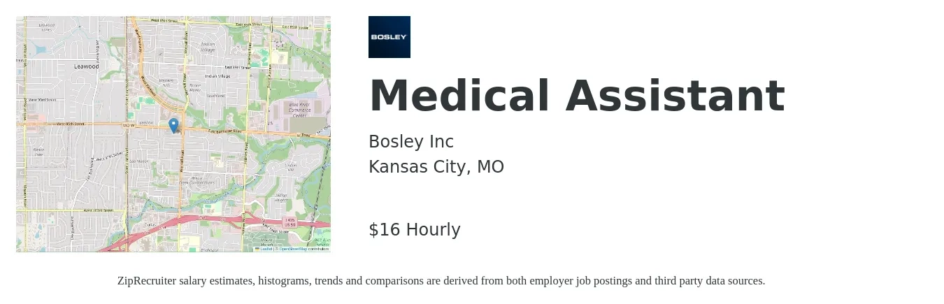 Bosley job posting for a Medical Assistant in Kansas City, MO with a salary of $18 Hourly with a map of Kansas City location.