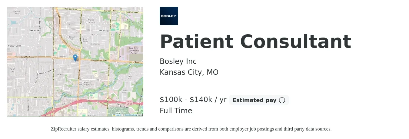 Bosley Inc job posting for a Patient Consultant in Kansas City, MO with a salary of $100,000 to $140,000 Yearly with a map of Kansas City location.