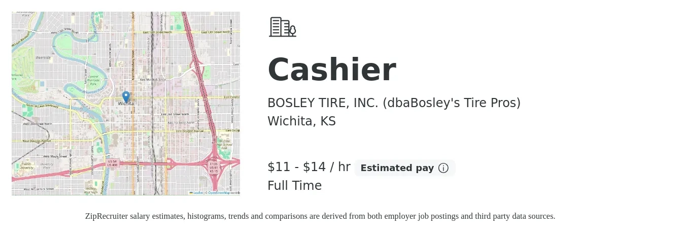 BOSLEY TIRE, INC. (dbaBosley's Tire Pros) job posting for a Cashier in Wichita, KS with a salary of $12 to $15 Hourly with a map of Wichita location.