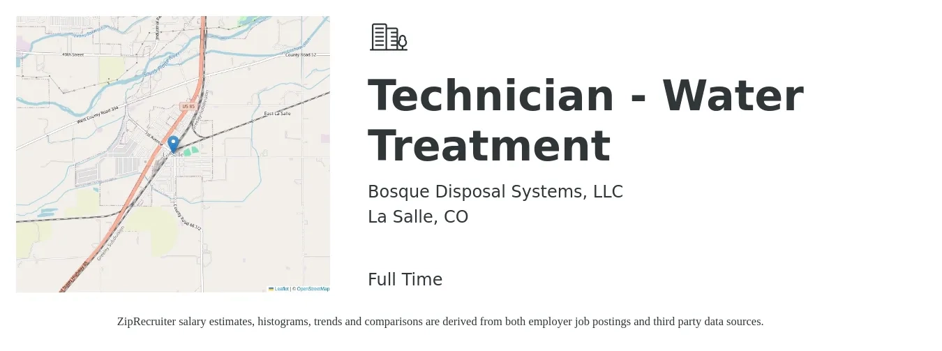Bosque Disposal Systems, LLC job posting for a Technician - Water Treatment in La Salle, CO with a salary of $20 to $28 Hourly with a map of La Salle location.