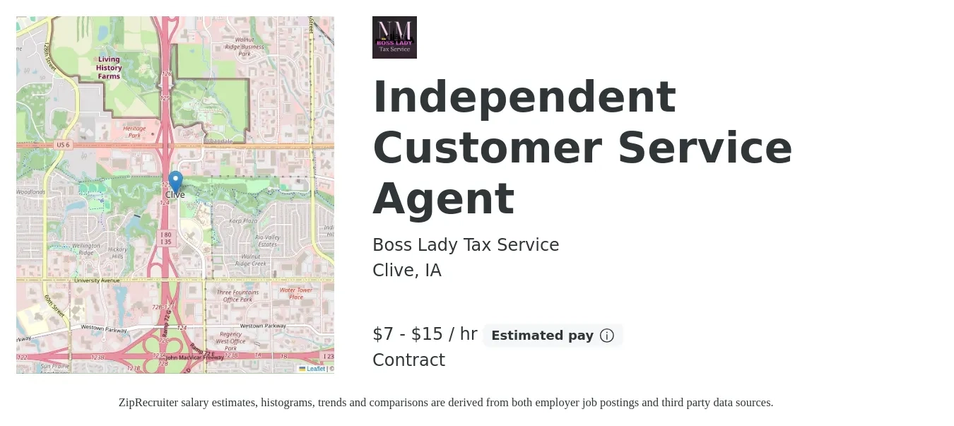 Boss Lady Tax Service job posting for a Independent Customer Service Agent in Clive, IA with a salary of $8 to $16 Hourly with a map of Clive location.