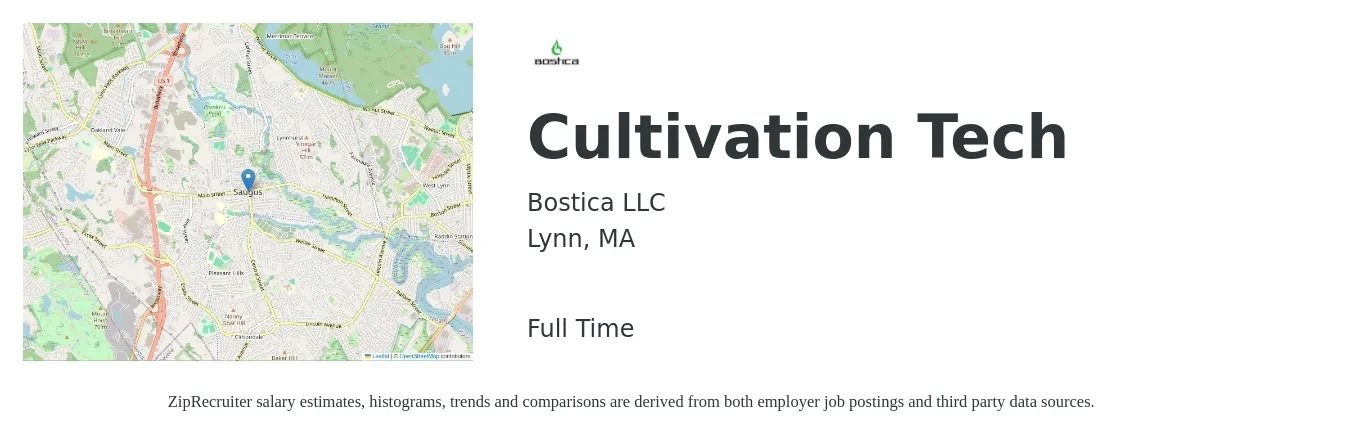 Bostica LLC job posting for a Cultivation Tech in Lynn, MA with a salary of $16 to $18 Hourly with a map of Lynn location.