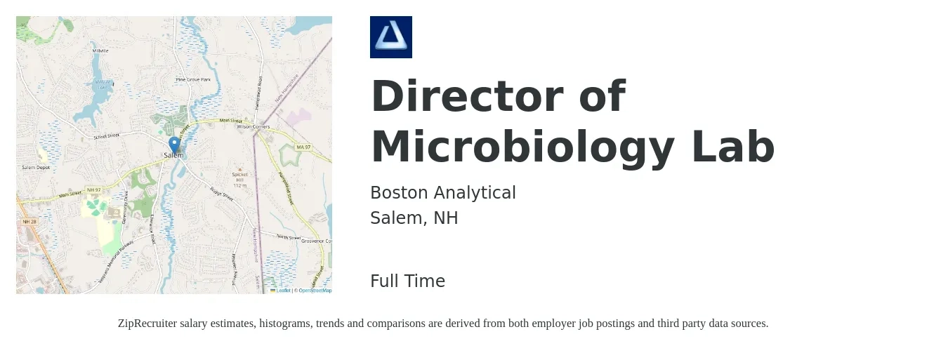 Boston Analytical job posting for a Director of Microbiology Lab in Salem, NH with a salary of $105,800 to $138,300 Yearly with a map of Salem location.