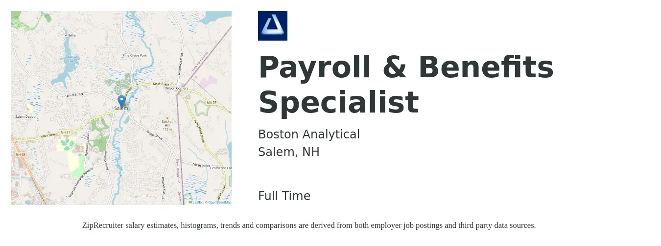 Boston Analytical job posting for a Payroll & Benefits Specialist in Salem, NH with a salary of $51,400 to $67,400 Yearly with a map of Salem location.