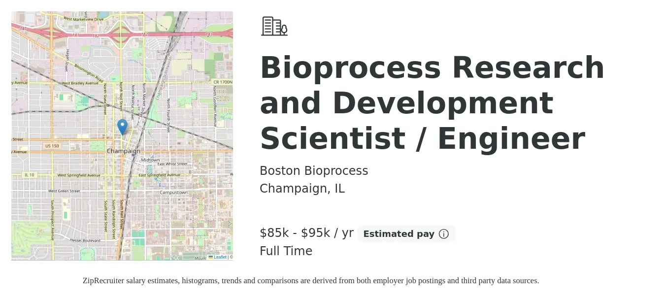 Boston Bioprocess job posting for a Bioprocess Research and Development Scientist / Engineer in Champaign, IL with a salary of $85,000 to $95,000 Yearly with a map of Champaign location.