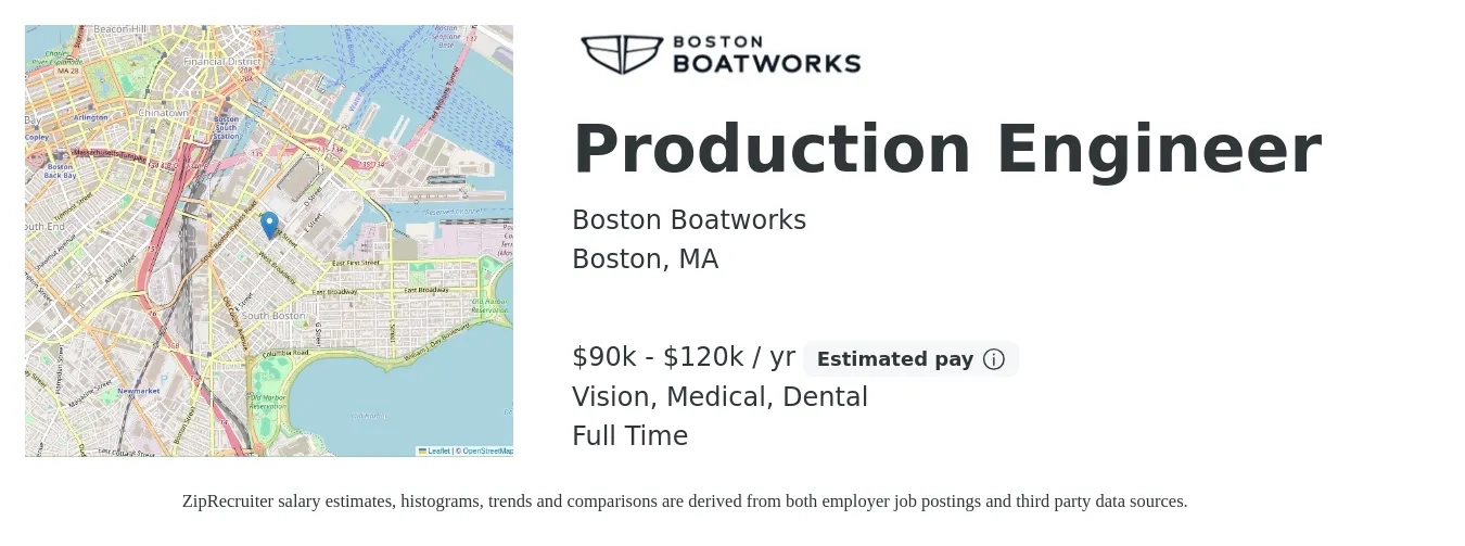 Boston Boatworks job posting for a Production Engineer in Boston, MA with a salary of $90,000 to $120,000 Yearly and benefits including dental, life_insurance, medical, retirement, and vision with a map of Boston location.